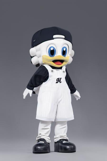 zu-chan, baseball cap, mascot, male focus, 1boy, blue eyes, open mouth, sportswear, backwards hat, full body, overalls