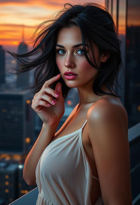 A young Scandinavian woman with ethereal beauty, her black hair tousled gently by the wind, touches her lips with a sensual gesture. She has harmonious features and curvaceous forms, wearing a light, semi-transparent slip that, as it moves, gracefully reveals a hint of her breast. The background displays a modern urban skyline at sunset, with bright lights and skyscrapers silhouetted against a sky painted in warm hues. The style is realistic, with meticulous attention to detail and an elegant, sophisticated atmosphere
