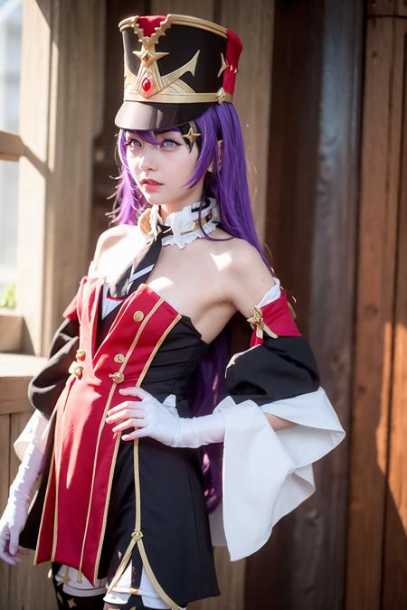 1girl,hat,shako cap,purple hair,long hair, eyepatch, purple eyes,detached collar, necktie,bare shoulders,detached sleeves,dress,white gloves,black pantyhose, garter straps,white thigh boots, gun,holding gun, food, holding, holding food, french fries, eating, 