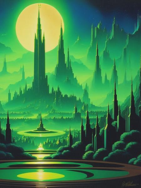 <lyco:LucSchuiten:1.0> greg hildebrandt painting of the emerald city in the style of art deco