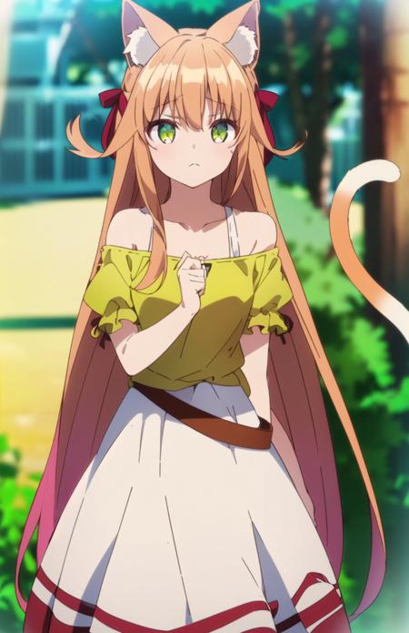 <lora:kanade-v1:0.7>,(kanade,animal_ear_fluff,cat_ears,brown_hair,cat_girl,green_eyes,very_long_hair,cat_tail,:1.2), (off-shoulder_shirt,bare_shoulders,puffy_short_sleeves,red_bow,yellow_shirt,white_skirt,belt,:1.2), (pajamas,:1.2),