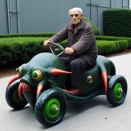 <lora:pandacar_v1:0.5>, (old man:1.1), sit astride, attraction, ground vehicle, handle, realistic, wheel, car, cthulhu