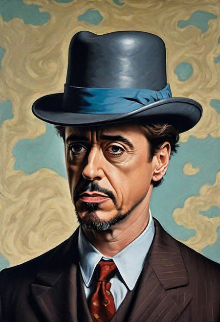 a painting of a Robert Downey Junior with a hat on his head, by Ren Magritte, magritte painting, art on instagram, by Giorgio de Chirico, magritte, instagram art, trending on art, inspired by Wilhelm Hammershi, hyper realism renaissance art, ( ( ( ( ( vermeer ) ) ) ) ), vermeer painting