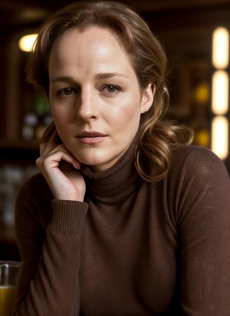 photo of extremely sexy (hhunt:1.1), a woman as a sexy student, closeup portrait upsweep updo, (Amber Brown tight long sleeve turtleneck top), at a cantina sitting bar (masterpiece:1.5) (photorealistic:1.1) (bokeh) (best quality) (detailed skin texture pores hairs:1.1) (intricate) (8k) (HDR) (wallpaper) (cinematic lighting) (sharp focus), (eyeliner)