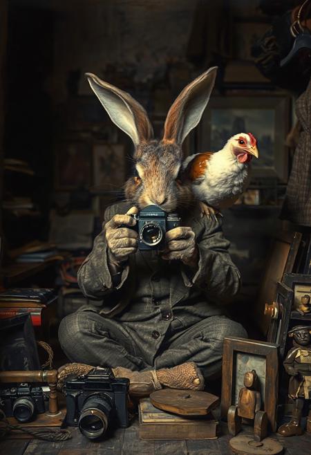 By Saul Leiter. an anthropomorphic evil rabbit in a ragged suit sat in a dark, shabby tailor's shop pointing a vintage Hasselblad camera at the viewer. On his shoulder is a chicken. The rabbit's fur is matted and rough. Its eyes are scary. The rabbit, chicken and the camera are all pointing forward to the viewer. On the floor are vintage cameras, books, picture frames and children's wooden toys.