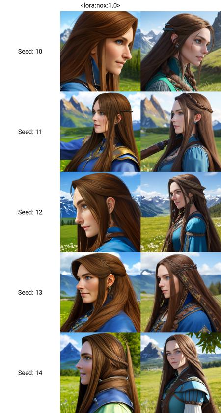 <lora:nox:1.0>. A woman. Brown hair. Long hair. Straight hair. Blue medieval dress. Blurry background. Blue sky, mountain, green grass. Semi-profile. Portrait of a RPG character. Extreme close up.