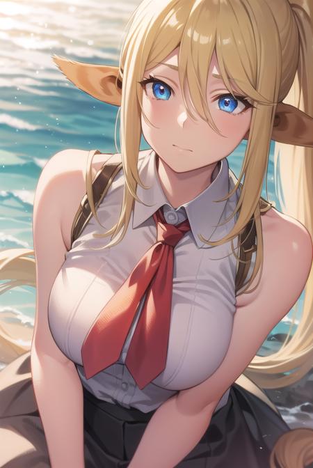 centorea shianus, animal ears, blonde hair, blue eyes, centaur, horse ears, horse tail, long hair, monster girl, ponytail, tail, sleeveless, shirt, white shirt, neckerchief, red neckerchief, collar, skirt, black skirt,