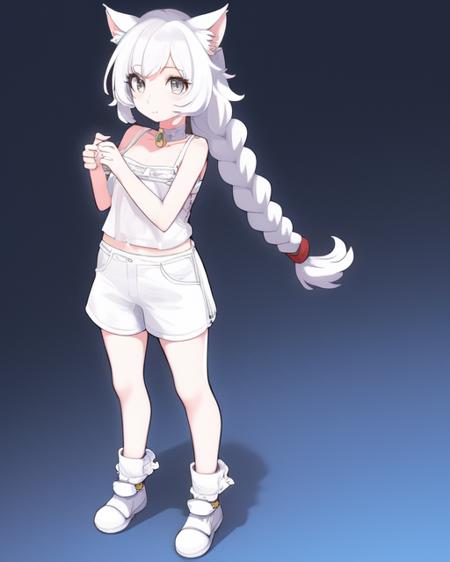 <lora:NaviGaviStyle:0.8>navigavistyle,
(cat_ears girl), solo, (full body), ((white)(short)(Braid) hair),(white eyes)