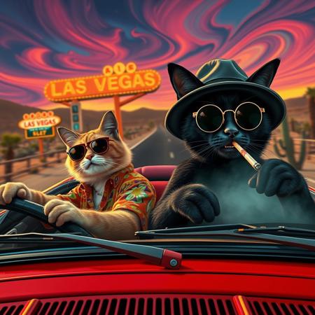 (((PERSPECTIVE FROM THE SIDE OF THE CAR))) of Two cats in a red convertible speeding down a desert highway toward a neon-lit Las Vegas skyline. The scene mirrors the iconic ‘Fear and Loathing in Las Vegas’ shot, but with feline travelers. (((The driver, a scruffy tabby in oversized aviator sunglasses and a Hawaiian shirt, grips the wheel with a wild expression. The passenger, a sleek black cat in a bucket hat and round tinted glasses, leans back with a smug grin, a cigarette dangling from its mouth and paws gesturing as he talks))).  Windshield visible with glowing luminescent bugs on it, ((perspective looking from the driver side)), exaugurated eyes and smile, smoking a joint, 
The environment is infused with psychedelic energy—distorted road signs melt into the horizon, the sky swirls with surreal colors, and cacti appear to sway and stretch. The desert landscape warps in a heatwave haze, while neon reflections shimmer in the car’s chrome details. The perspective is exaggerated and chaotic, capturing the frenetic, trippy atmosphere of the original scene in a humorous and feline twist.