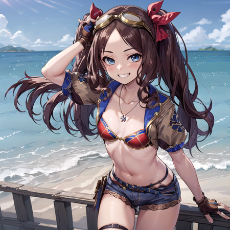 leonardo_da_vinci_ruler a photo a female anime character leaning on a railing by the beach, 1girl, forehead, leonardo da vinci (fate), shrug (clothing), brown gloves, smile, breasts, fingerless gloves, gloves, bangs, twintails, necklace, long hair, bikini, swimsuit, blue eyes, hair ribbon, shorts, brown hair, parted bangs, red bikini, ribbon, looking at viewer, small breasts, goggles, puffy short sleeves, beach, jewelry, blue shorts, puffy sleeves, short sleeves, collarbone, grin, red ribbon, thighs, short shorts, solo, sidelocks, blush, bikini top only