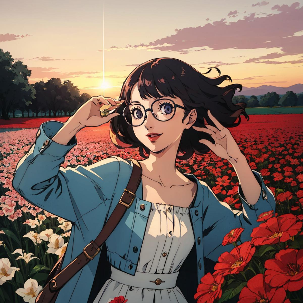 A woman wearing glasses and a blue jacket standing in a field of flowers.