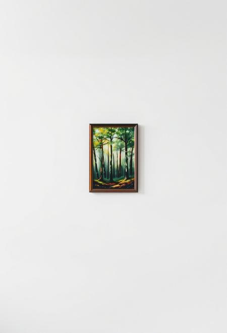 A minimalist scene featuring a bland, monochromatic wall with a single picture frame hanging on it. Inside the frame, a detailed forest rendered in an impressionist style is depicted, with vibrant brushstrokes and intricate patterns of light and shadow. The contrast between the plain wall and the richly textured artwork draws the focus entirely to the framed forest, emphasizing its depth and artistry.