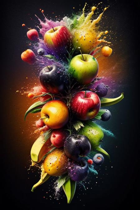 bananas, apples, berries, oranges, neon, (vivid colors:1.5), arco iris, shatter, scatter, ral-dissolve fruit , (wind:0.7), (swirl:0.6), (Masterpiece:1.3) (best quality:1.2) (high quality:1.1)