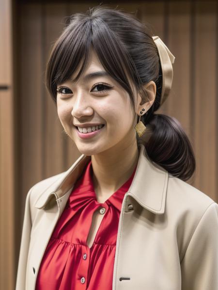 best quality, masterpiece, highres, detailed, realistic, <lora:Detail - add_detail:0.2>, KanaokoM,  <lora:Character - KanakoM:0.7>, KanakoM, low ponytail, brown eyes, 25 year old japanese, beige jacket, red dress, upper body, earrings, cosplay, hair on shoulder,  smile,