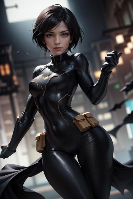 CassCain, cassandra cain, batgirl suit, 1girl,  black hair, brown eyes, looking at viewer, mask, short hair, face scar  <lora:CassandraCain-01:0.7>