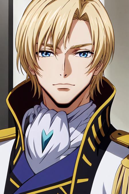 (masterpiece, best quality:1.2), highres, anime screencap, anime coloring, 1boy, solo, male focus, 
Schneizel_ELB_V1, mature male, blonde hair, short hair, bangs, blue eyes, (small eyes:1.2), 
military, military uniform, ascot, brooch, epaulettes, 
looking at viewer, facing viewer, portrait, 
<lora:add_detail_CyberAlchemist:0.4>, <lora:GoodHands-beta2:0.8>, <lora:SchneizelELBV1-000010:0.8>