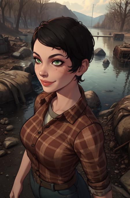 curie, short hair, black hair, green eyes, smile, 
red flannel, jeans, dirty clothes, 
wasteland, lake, 
standing, upper body, 
(insanely detailed, beautiful detailed face, masterpiece, best quality),  <lora:curie:0.8>