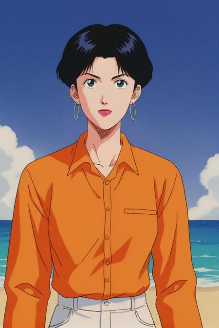 1990s \\(style\\), retro artstyle, aida yayoi, blue eyes, black hair, short hair, jewelry, earrings, hoop earrings, lipstick, makeup, shirt, striped shirt, yellow shirt, striped clothes, armband,white skirt,long sleeves 1990s \\(style\\), retro artstyle, aida yayoi, blue eyes, black hair, short hair, jewelry, earrings, hoop earrings, lipstick, makeup,shirt,long sleeves,orange shirt,white pants