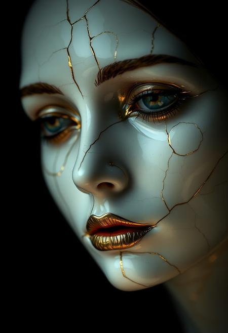 Cracked Porcelain woman face, kintsugi, cracks repaired with gold, surrealistic, dark background, dramatic light