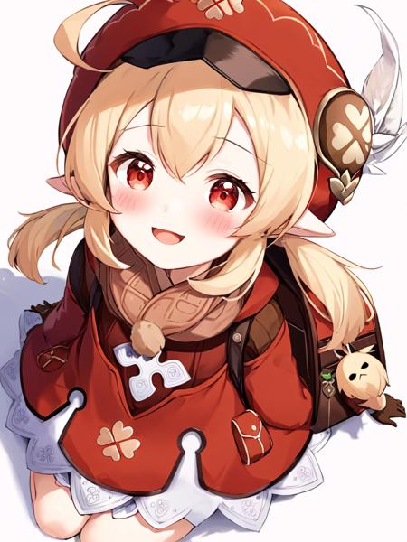 1girl,klee (genshin impact),hat,solo,red headwear,smile,looking at viewer,pointy ears,gloves,ahoge,twintails,bangs,cabbie hat,open mouth,white background,long sleeves,backpack,bag,:d,brown gloves,simple background,low twintails,long hair,blonde hair,hat feather,dodoco (genshin impact),dress,red dress,sitting,red eyes,blush,hair between eyes,clover print,brown scarf,scarf,red coat,coat,sidelocks,from above,charm (object),<lora:keli2:1>,