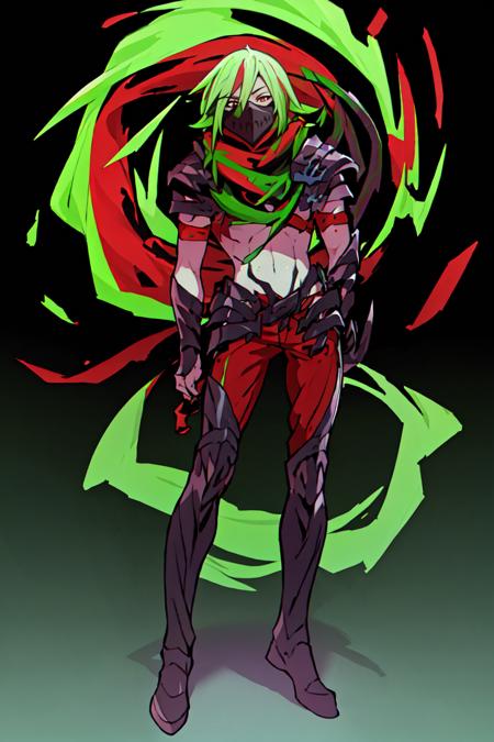 (masterpiece, top quality, best quality, beautiful, and aesthetic:1.2) full body shot, vo1k, 1boy, posing, male, looking at viewer, mask, red eyes, green hair, multicolored hair, <lora:vo1k-000009:.9>