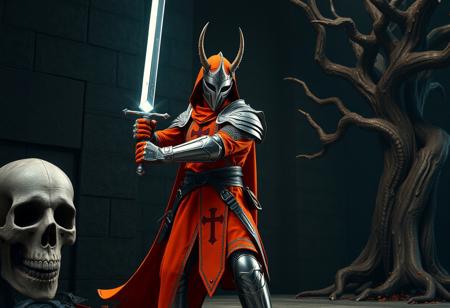 Cinematic fantasy scene.  Mystical Knight of Jackal costume, vibrant orange with red cross emblem, wielding a gleaming white sword. Dynamic pose, creative angle. Stands against a dark wall with an ancient skull (left) and gnarled tree (right). Impeccable composition, golden ratio. Hyperrealistic details on armor, intricate textures, sharp focus, precision rendering. Dramatic lighting creating deep contrast, vibrant colors, harmonious palette. Trending on Artstation, CGSociety. Octane render, Unreal Engine 5, 4K.