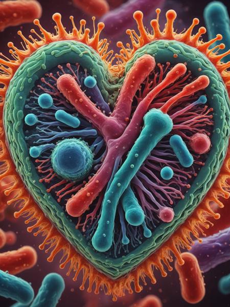 <lora:ElectronStyleXL:1.0>El3ctr0nStyle photo of a bacteria in the shape of heart, ultra detailed, chaos, vivid colors