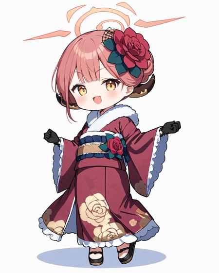 aru \(blue archive\),1girl, solo, white_background, halo, chibi, obi, hagoita, hair_flower, simple_background, hanetsuki, black_gloves, wide_sleeves, open_mouth, holding, full_body, floral_print, long_sleeves, tabi, fur-trimmed_kimono, lace_gloves, looking_at_viewer, blush, demon_horns, zouri, official_alternate_costume, red_kimono, hair_bun, obijime, rose, frilled_sleeves, black_footwear, fur_collar
<lora:aru_(blue_archive)_image2817_2023-11-25-000009:1>halo. gorgeous,key visual, vibrant, studio anime,award-winning, professional, highly detailed,high budget, cinemascope