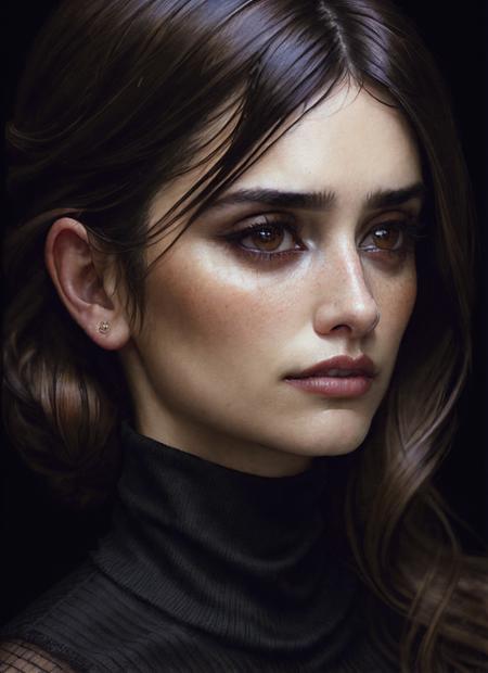 A stunning intricate full color portrait of (sks woman:1), wearing a black turtleneck, epic character composition, by ilya kuvshinov, alessio albi, nina masic, sharp focus, natural lighting, subsurface scattering, f2, 35mm, film grain, <lora:locon_penelope_v1_from_v1_64_32:1.3>