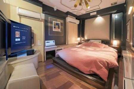 masterpiece, best quality, ultra-detailed, illustration,
lovehotel, LHbedpanel, bed, indoors, scenery, lamp, bedroom, television, pillow, monitor, cabinet, light, window, door, table, wooden floor, 
 <lora:LoveHotelV7_1.0_MIDD:1>