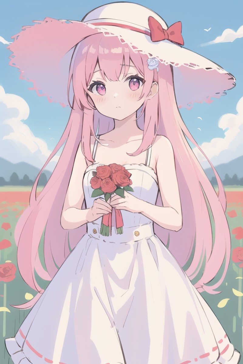 (masterpiece, best quality), 1girl, flower, solo, dress, holding, sky, cloud, hat, outdoors, bangs, bouquet, rose, express...