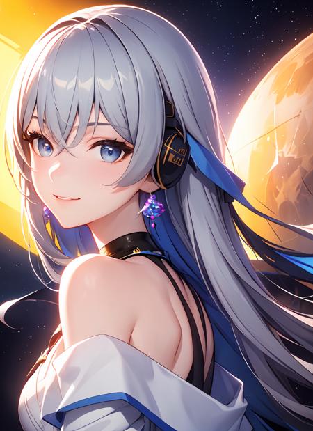 ph bronya, 1girl, solo, jewelry, earrings, long hair, grey hair, bangs, drill hair, bare shoulders, grey eyes,  (off shoulder:1.1), (masterpiece:1.6, best quality),  (finely detailed beautiful eyes: 1.2), ultra-detailed, illustration,beautiful detailed eyes, (yandere:1.4), (empty eyes),  backlighting, looking at viewer, blush, smile, (masterpiece, finely detailed beautiful eyes: 1.2), (on the moon, space, looking back into earth), volumetric lighting, white jacket, glowing headphone, cyberpunk, futuristic, multi-color eyes, detailed eyes, hyper detailed,light smile, highly detailed, beautiful, small details, ultra detailed, best quality, intricate, hyperrealism, sharp, digital illustration, detailed, realism, intricate, 4k, 8k, trending on artstation, good anatomy, beautiful lighting, award-winning, photorealistic, realistic shadows, realistic lighting, beautiful lighting, raytracing, intricate details, moody, rule of thirds, masterpiece, (illustration:1.1), highres, (extremely detailed CG, unity, 8k wallpaper:1.1), beautiful face, highly detailed face, ultra realistic, masterpiece, bokeh, extremely detailed, intricate, zoomout, colorful, vibrant colors, red nail polish, side view,
<lora:B-t1.1-000007:0.7>,