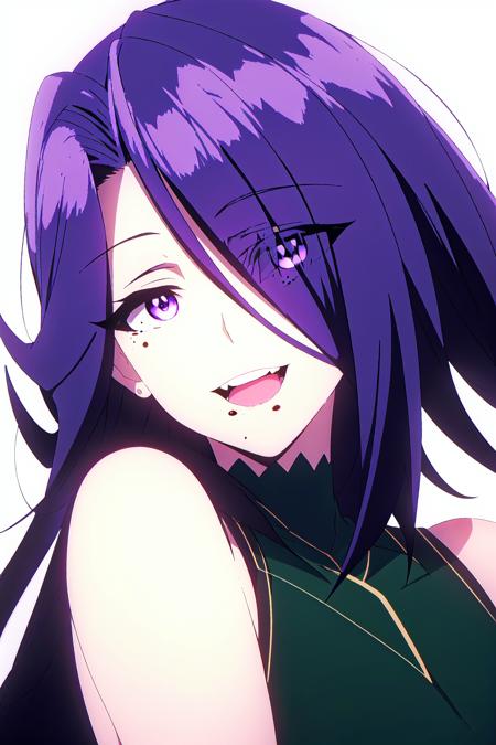 aurora, 1girl,  solo,  eyes visible through hair,  purple eyes,  mole,  mole under mouth,  open mouth,  hair over one eye,  looking at viewer,  purple hair,  smile,  white background,  long hair,  simple background,  portrait
high quality, best quality, ultra detailed, masterpiece, <lora:EMS-55245-EMS:0.800000>