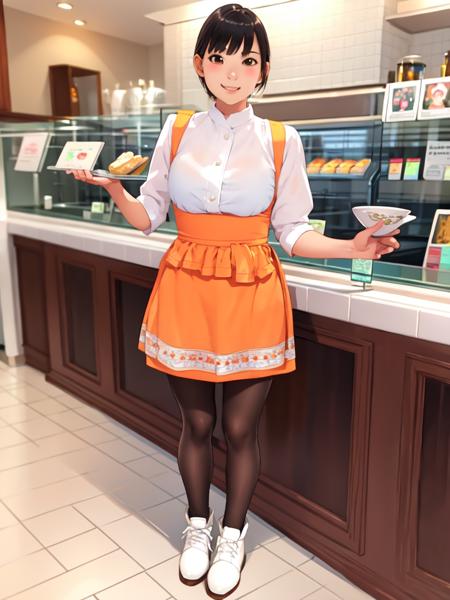 masterpiece, best quality, ultra-detailed, illustration,
AMSC, 1girl, solo, waitress, pantyhose, looking at viewer, apron, realistic, skirt, smile, black hair, standing, full body, short hair, orange skirt, bangs, shirt, white footwear, uniform, indoors, brown eyes, short sleeves
<lora:AMSC:0.6>