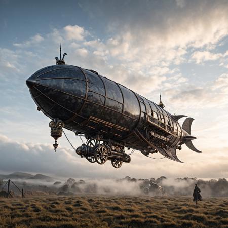 "A steampunk airship made of forged carbon floating above a misty Victorian era landscape, intricate clockwork mechanisms, forged carbon details, soft natural light, dramatic clouds, highly detailed."
BREAK
forged carbon, Movie Still, Film Still, Cinematic, Cinematic Shot, Cinematic Lighting