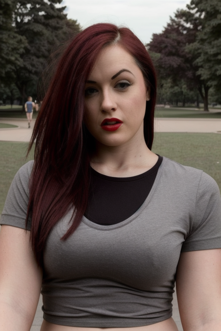 Portrait photo of j4y3r0s3 woman wearing a gray tshirt in a park