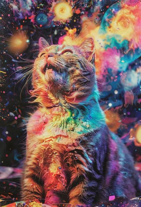 Product photograph, the 1980s, PsychadelicChaos, the universe, chaos, insane colors, the universe blowing up, insane colors, a universal cat, beautiful, epic, analog film grain, polaroid, DSLR