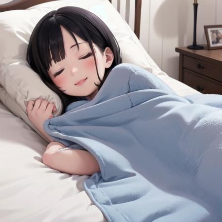 best quality, ultra-detailed, illustration, smile, 1girl, solo,
closed eyes, black hair, pillow, sleeping, bed, lying, smile, blanket, under covers, lips,
 <lora:goodsleep_SD15_V3_DIM4:0.6>