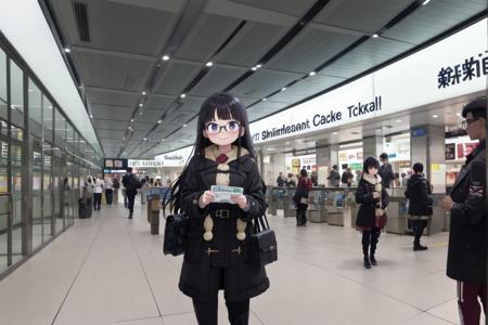 shinosaka, chuoguchi, ticket gate, 6+boys, multiple boys, real world location, multiple girls, scenery, indoors, bag, hat, people