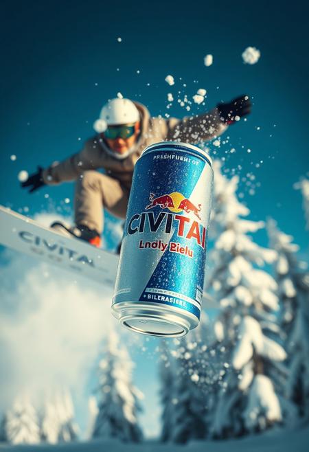 1d A cinematic ultra-realistic action scene of a snowboarder mid-air, holding a CIVITAI can in one hand. The CIVITAI can is close to the camera and perfectly in focus, showing detailed textures, condensation droplets, and its iconic blue and silver design with the twin bulls logo. The snowboarder is slightly behind, dynamically captured mid-jump, slightly out of focus due to depth of field. Snow particles float in the air, with a clear blue sky and snowy pine trees in the background. The scene conveys adrenaline, freshness, and energy, captured with a shallow depth of field and dramatic lighting. Product-focused commercial shot.