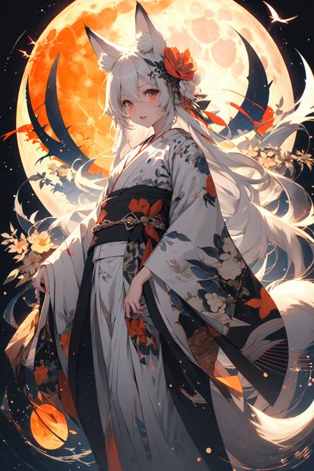 (masterpiece:1.2), best quality,PIXIV,  As the moon,
1girl, solo, long hair, moon, japanese clothes, kimono, white hair, ahoge, looking at viewer, animal ears, red eyes, long sleeves, bangs, full moon, wide sleeves, floral print, hair ornament, tassel, hair between eyes, flower, standing, parted lips, fox ears, animal ear fluff, white kimono, hair flower, print kimono, very long hair, hand fan, white flower, feet out of frame
 <lora:As the moon_20230809104912-000018:1>