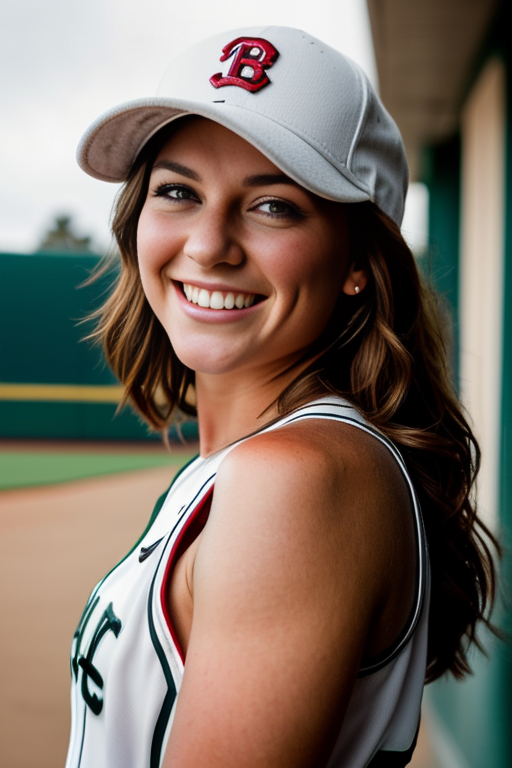 ((Glamour Shot)),((Glamour Portrait)),A medium  portrait of a ((pretty)) (beauiful) young woman baseball player, (smile) ((wink))  ((thin flushes)) Cinematic photography, movie mood, cinematic light, compelling composition, storytelling elements, conveys emotion, mood, and narrative depth, creating visually striking images that feel like still frames from a film    <lora:fj-10:0.5>