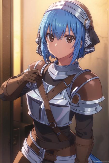 menadshisei, <lora:menad shisei-lora-nochekaiser:1>,
menad shisei, short hair, (brown eyes:1.5), blue hair,
BREAK gloves, armor, shoulder armor, brown gloves, pauldrons, breastplate,
BREAK indoors, castle,
BREAK looking at viewer, (cowboy shot:1.5),
BREAK <lyco:GoodHands-beta2:1>, (masterpiece:1.2), best quality, high resolution, unity 8k wallpaper, (illustration:0.8), (beautiful detailed eyes:1.6), extremely detailed face, perfect lighting, extremely detailed CG, (perfect hands, perfect anatomy),