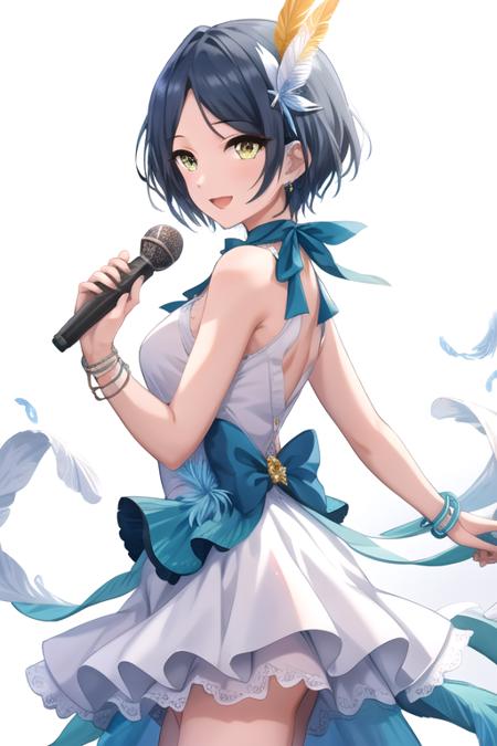 <lora:KanadeHayami-10:0.7>,hayami kanade, 1girl, solo, looking at viewer, smile, short hair, open mouth, simple background, hair ornament, dress, holding, bare shoulders, jewelry, blue hair, yellow eyes, :d, sleeveless, white dress, bracelet, from side, sleeveless dress, feathers, black background, microphone, feather hair ornament, holding microphone