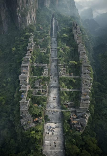 (POV view , DOF, first people view from the entrance, low angle shot:1.4), in the rainforest, mist,
(Ancient civilization, Alien Prometheus movie scene, dune movie scene:1.5), (The colonial city of the future, in the mist-filled Grand Canyon, on an unknown Earth-like planet, 2 moon on sky, Spaceship flight connects colonies, waterfulls:1.3), (Machu Picchu, a mountain settlement, incredibly spectacular:1.2), (Mario Botta:1.3), (avant-garde, future, reality, science fiction, photorealistic), (modern architecture:1.2), White limestone and black granite, fountain, waterfall, landmark, square, path, narrow street,
(Large Files, Ultra Realistic, 8K, 16k, FHD, HD, VFX, Perfect, Photography, composition, Architecture Sales Photography, Architecture Competition, Ultra High Resolution, Cinematography, High Resolution Image:1.1), (dramatic lighting, direct sunlight, ray tracing, clear shadow:1.2),  (real landscape:1.1), (blurred background:1.0), (urban background, more_details) ,
extremely detailed, hillscastel, great lighting, Factory