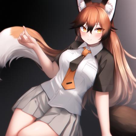 akagitsu, 1girl, solo, animal ears, fox ears, long hair, fox tail, ginger hair, gray pleated skirt, black gloves, black sleeves, white bowtie, black knee-highs, short sleeves, yellow necktie, white shirt, orange sleeves, hair between eyes, very long hair, fur-trimmed sleeves, fox girl, bangs, orange eyes, black loafers, brown tipped ears, black tail, white tipped tail, breast pocket, breasts, detailed shading, detailed ambient light