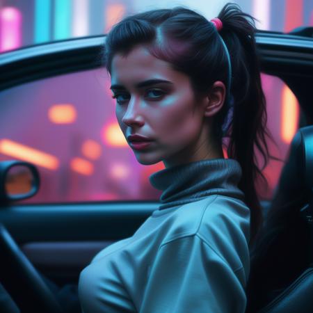 nessa   <lora:nessa_sdxl_resized:1> a photo of a woman on a car, wearing a turtleneck, rain on the street below, harsh neon lights, highly detailed, cyberpunk, digital illustration, trending in artstation, trending in pinterest Authority by WLOP and RossDraws