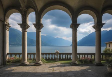 A view of Lake Como from an old Italian villa with columns and arches, flowers in white on each side of the arched doorways, the dramatic and cloudy sky with sun rays shining through, mountains visible across the water,