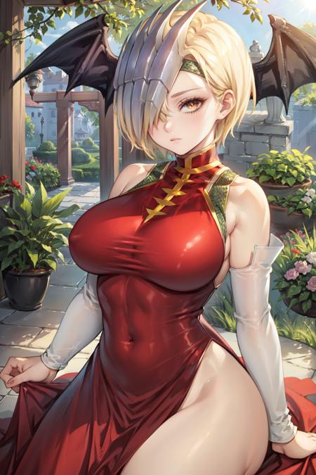 ryuukyuu, short hair, hair over one eye, large breasts, bare shoulders, dress, head wings, red dress, chinese clothes, china dress, thighs, wings