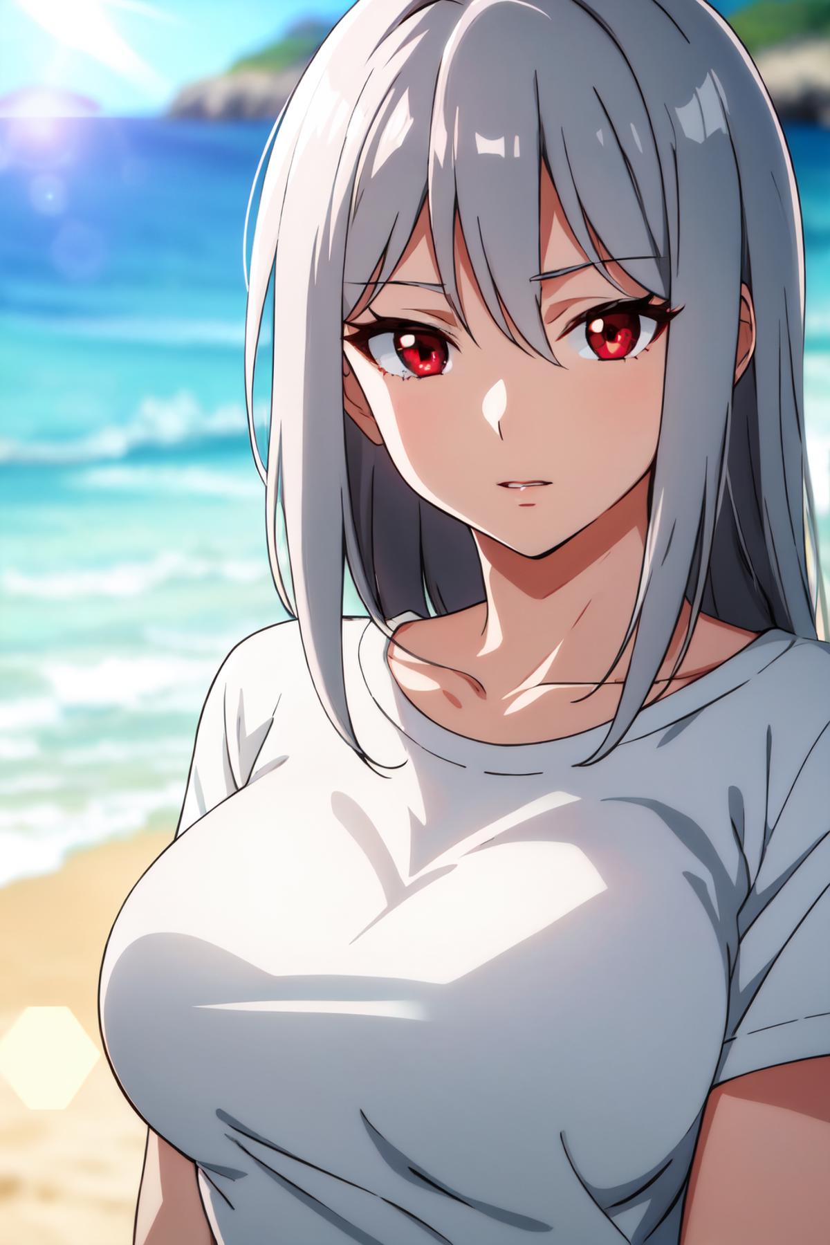 An anime character wearing a white shirt stands near the ocean.